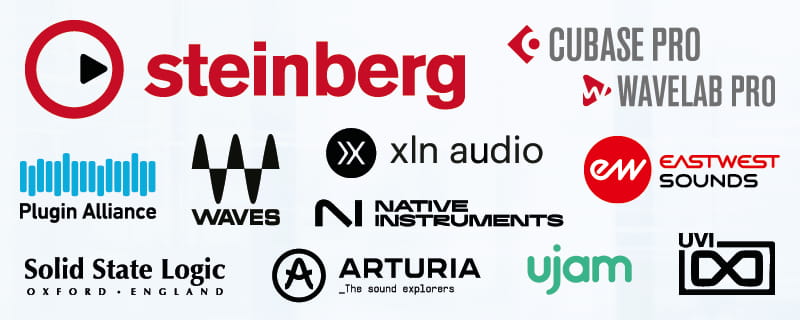 Logos des marques utilisées : Steinberg, Waves, Native Instruments, UVI…